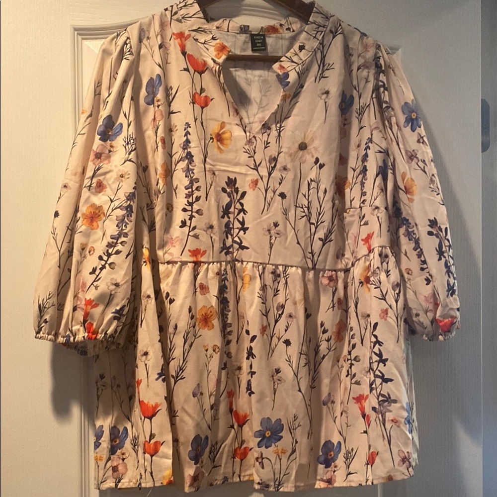 SHEIN Cream and Orange Boxy Blouse with Mandarin Collar
